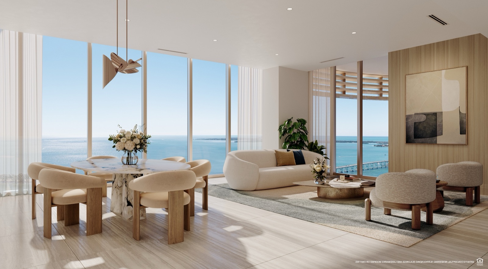 Living room and private terrace overlooking Biscayne Bay.