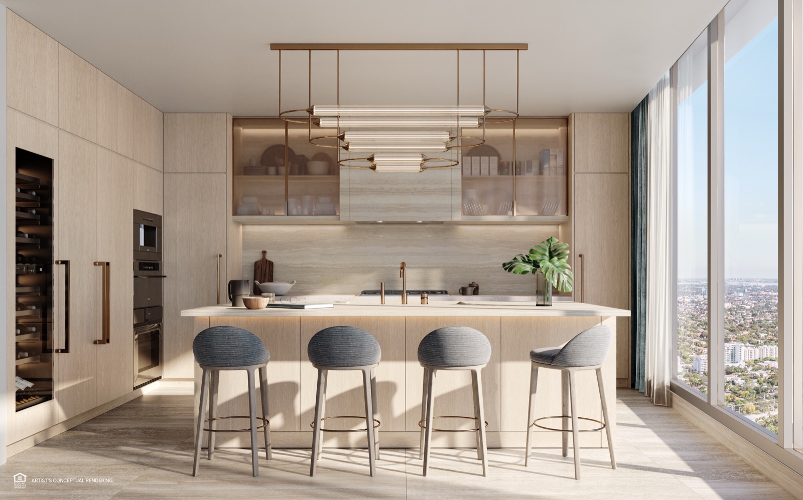Gourmet kitchen with Italian cabinetry by Rockwell Group, Sub-Zero and Wolf appliances, Dornbracht fixtures.