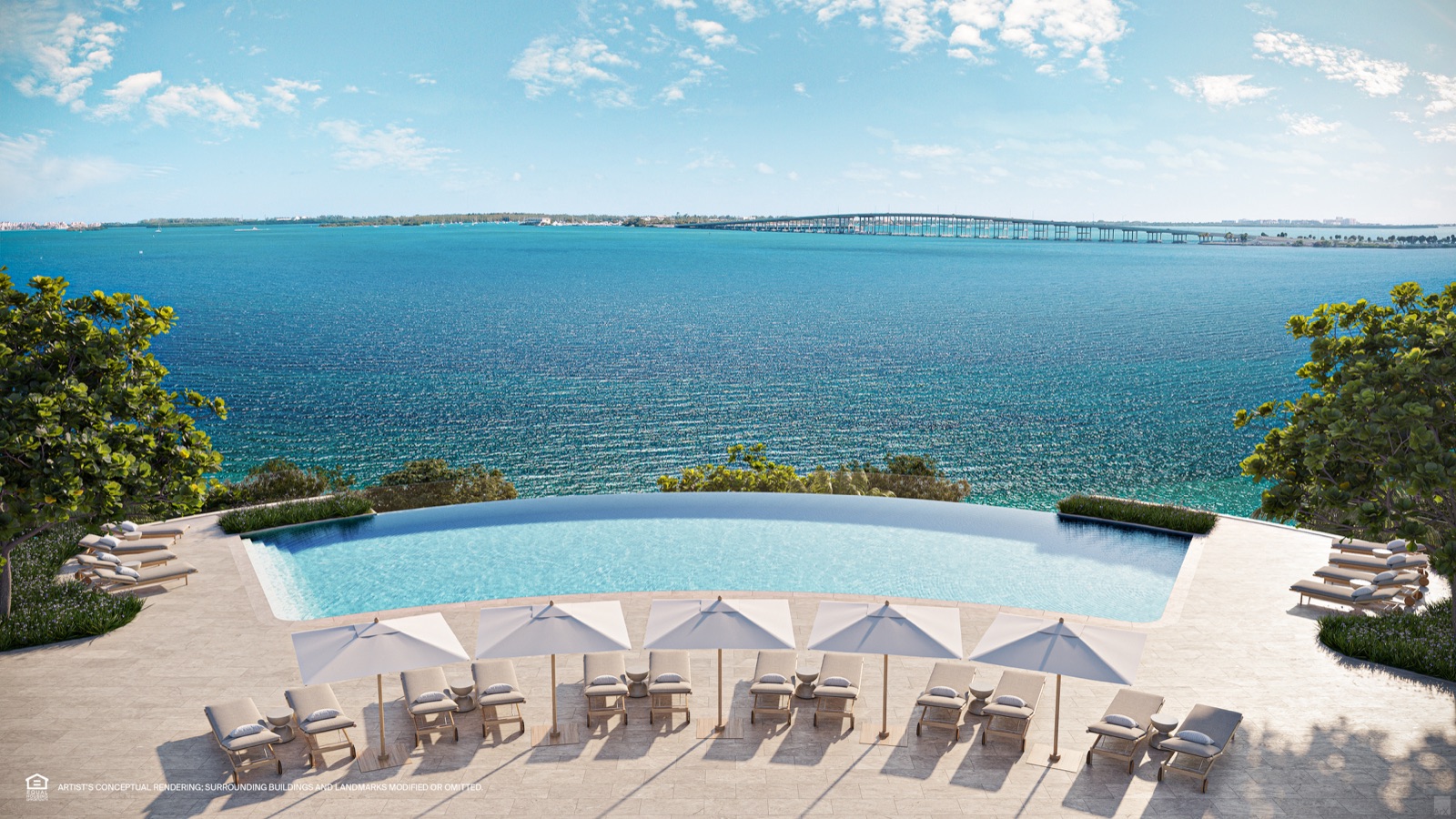 Bayfront pool with cabanas overlooking Biscayne Bay.