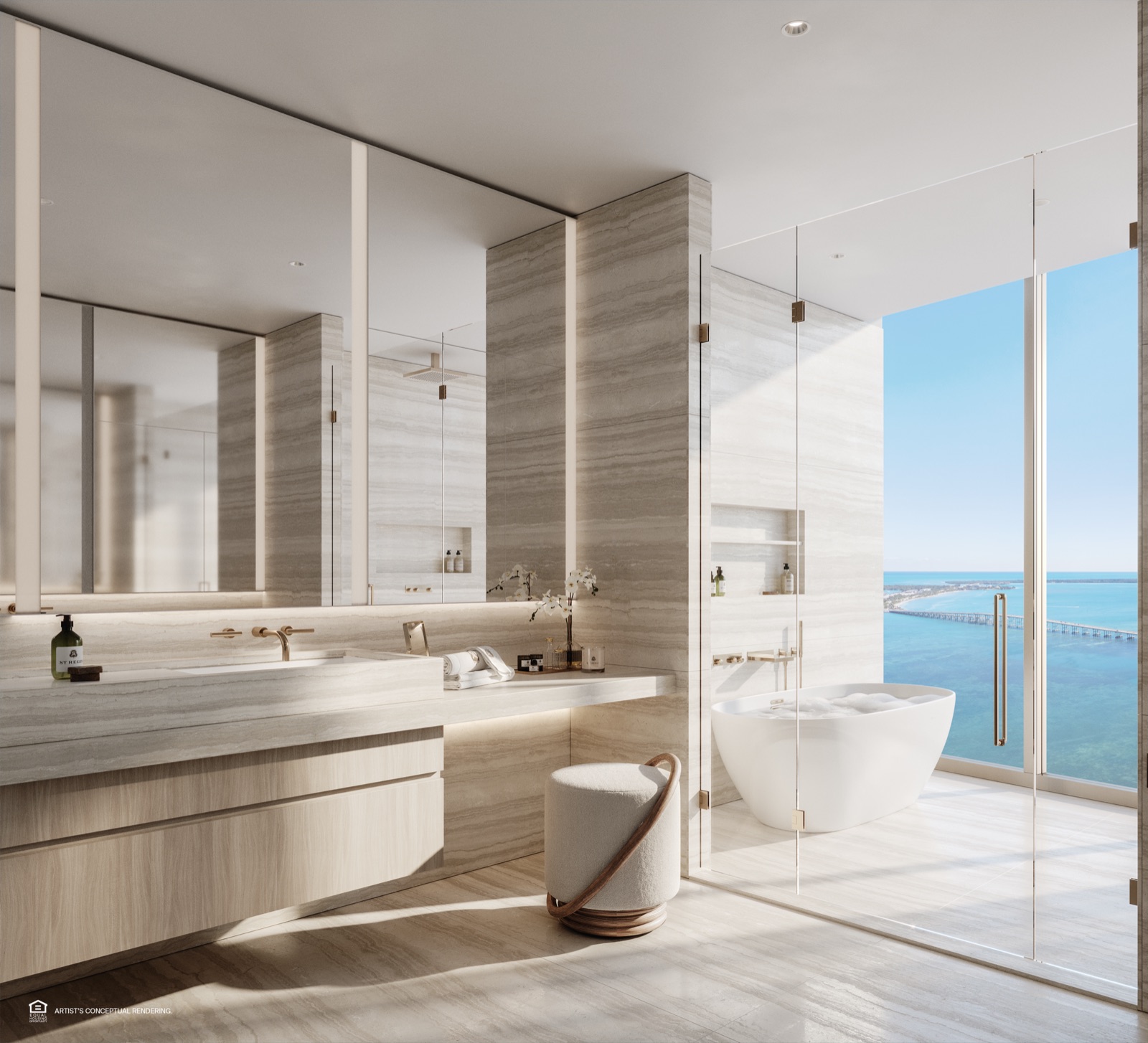 Primary bathroom with split stone vanity, freestanding bathtub, oversized natural stone shower, Dornbracht fixtures and Toto toilet.