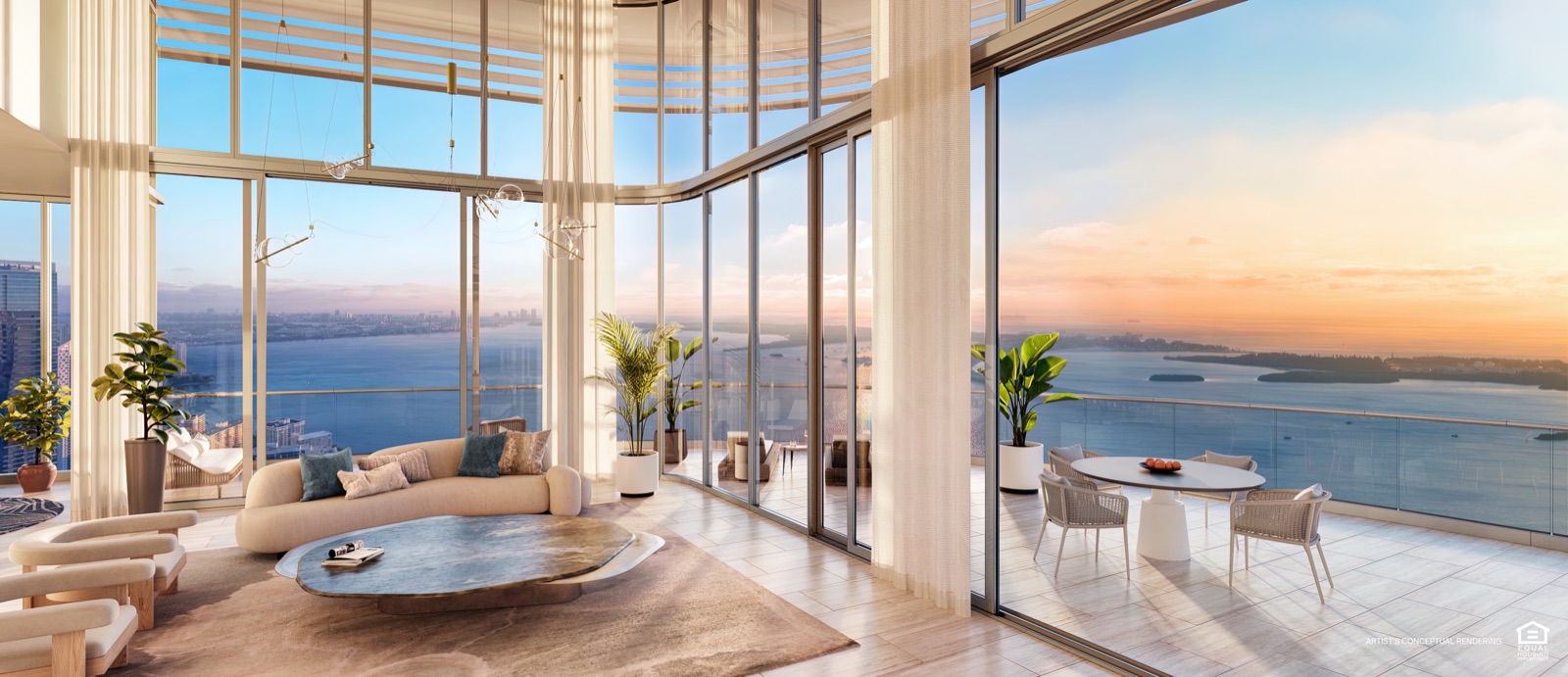 Sky Villa Great Room — double-height ceiling and sweeping bay views.